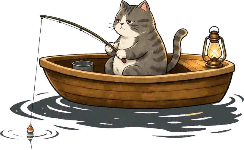 A cat fishing quietly from a wooden boat